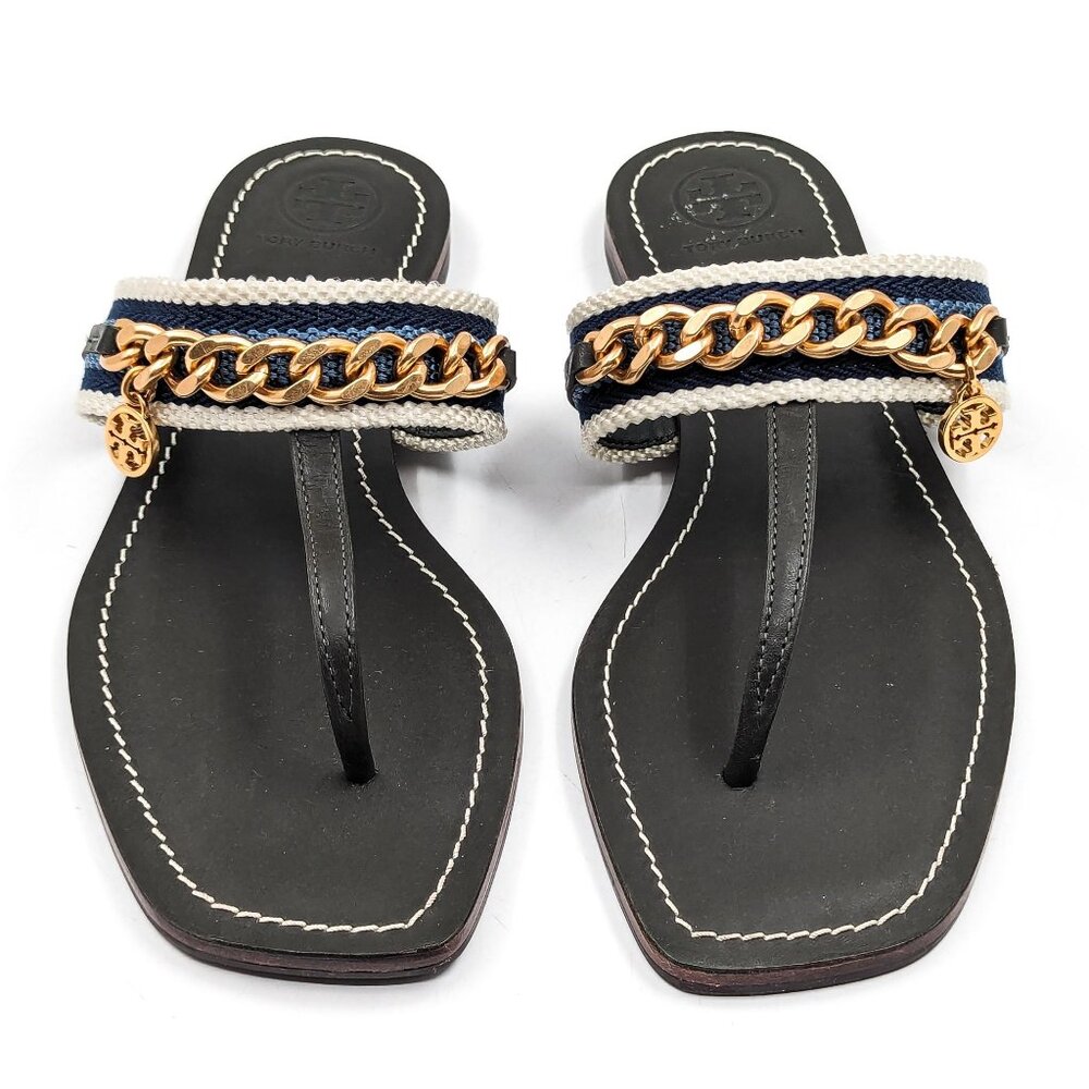 Tory Burch Women Mini Benton Chain Band Webbing Thong Sandals size 7